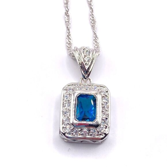 Silver blue clear cubic zirconia pendant necklace - Picture 2 of 4